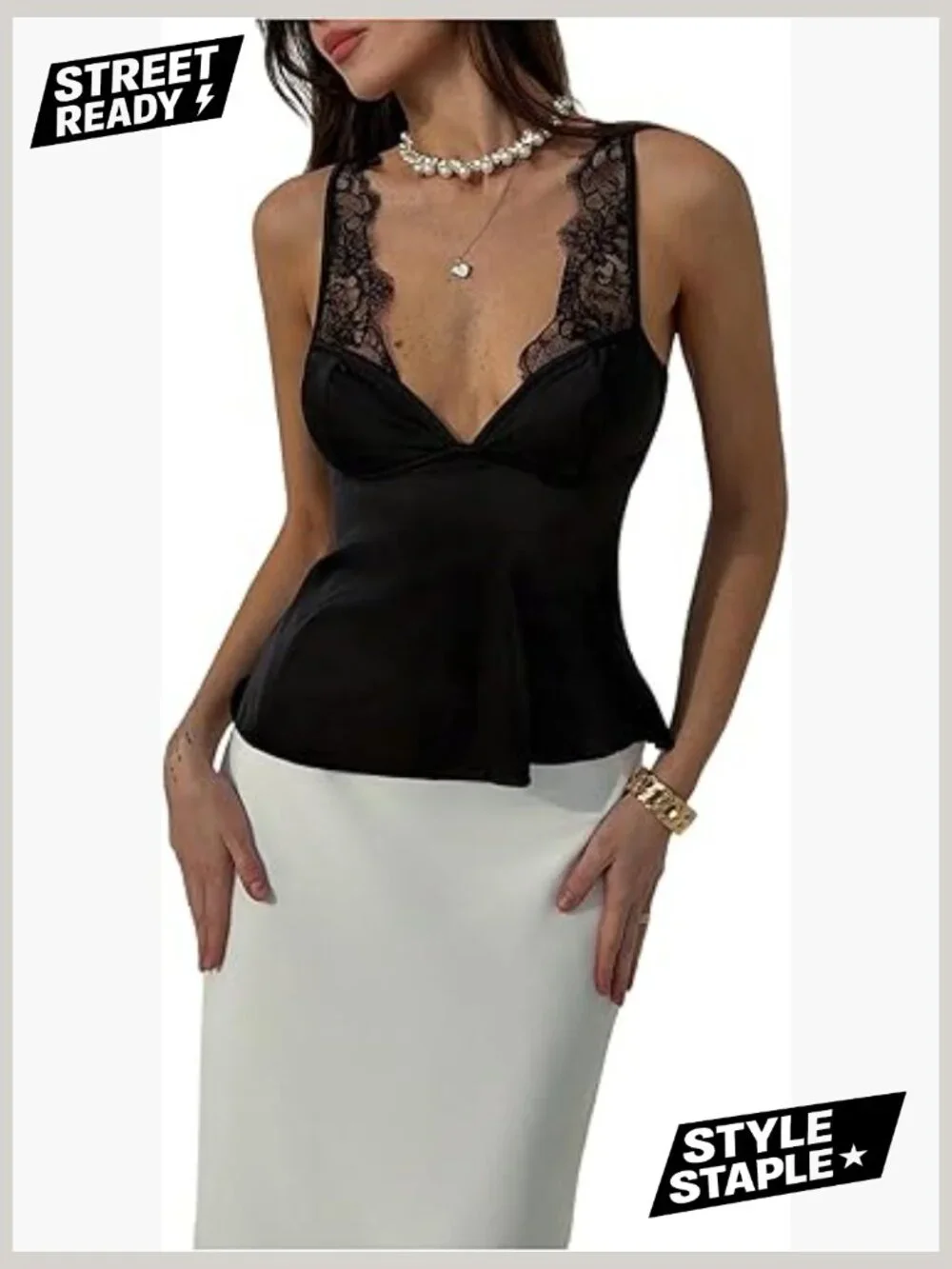 Satin Lace Deep V Neck Sleeveless Camisole Tank Top - Picture 1 of 5